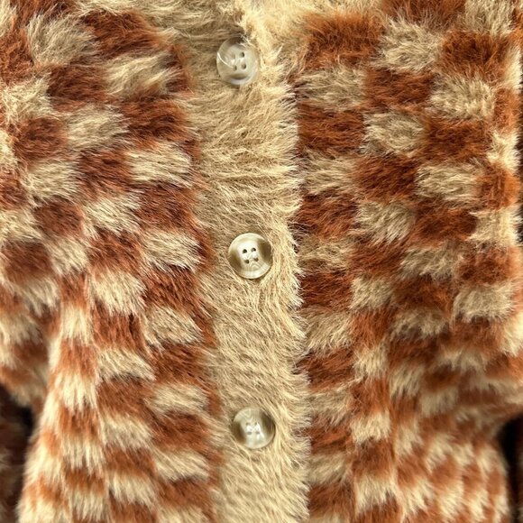 Hem & Thread Checkered Fuzzy Button Cardigan Sweater Balloon Sleeves Women M NWT - Picture 6 of 12